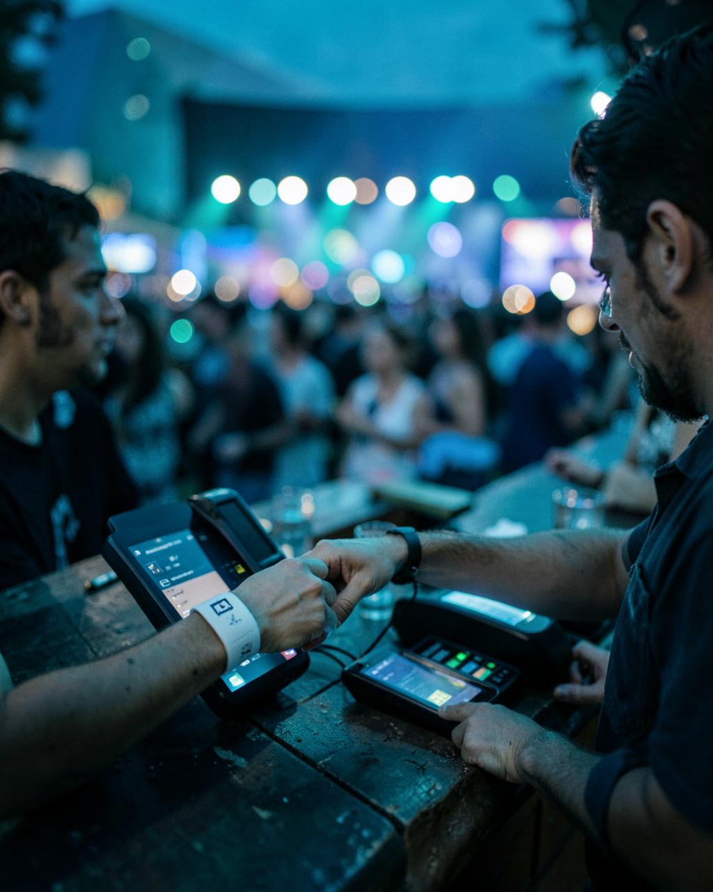 Equipa a validar pulseiras RFID com terminal móvel num festival ao anoitecer